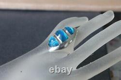HEAVY 46 g Mid Century Modern Sterling Silver Blue Art Glass Statement Ring sz 6