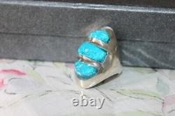 HEAVY 46 g Mid Century Modern Sterling Silver Blue Art Glass Statement Ring sz 6