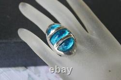 HEAVY 46 g Mid Century Modern Sterling Silver Blue Art Glass Statement Ring sz 6