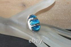 HEAVY 46 g Mid Century Modern Sterling Silver Blue Art Glass Statement Ring sz 6