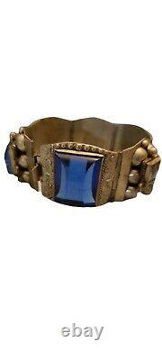 HECHO Sterling Silver Bracelet Art Glass Mask Taxco Mexico Panel Chunky Blue