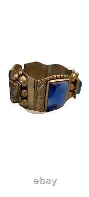 HECHO Sterling Silver Bracelet Art Glass Mask Taxco Mexico Panel Chunky Blue