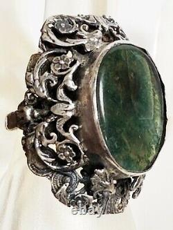 HUGE Antique Art Nouveau Ancient Roman Glass Sterling Silver Custom Ring 6 3/4