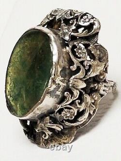 HUGE Antique Art Nouveau Ancient Roman Glass Sterling Silver Custom Ring 6 3/4