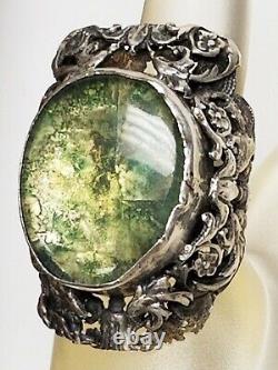 HUGE Antique Art Nouveau Ancient Roman Glass Sterling Silver Custom Ring 6 3/4