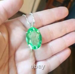 HUGE Sterling Uranium Glass Faceted Gem Pendant Necklace 925 Silver Vaseline