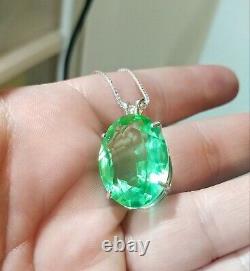 HUGE Sterling Uranium Glass Faceted Gem Pendant Necklace 925 Silver Vaseline