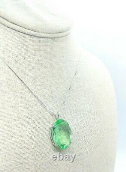 HUGE Sterling Uranium Glass Faceted Gem Pendant Necklace 925 Silver Vaseline