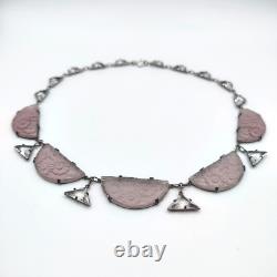 H&H Sterling Silver 925 Czech Frosted Lavender & Clear Glass Necklace Art Deco