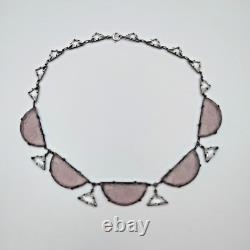 H&H Sterling Silver 925 Czech Frosted Lavender & Clear Glass Necklace Art Deco