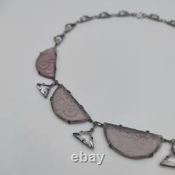 H&H Sterling Silver 925 Czech Frosted Lavender & Clear Glass Necklace Art Deco