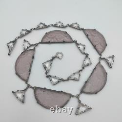 H&H Sterling Silver 925 Czech Frosted Lavender & Clear Glass Necklace Art Deco