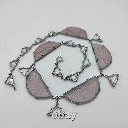 H&H Sterling Silver 925 Czech Frosted Lavender & Clear Glass Necklace Art Deco