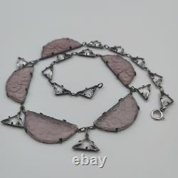 H&H Sterling Silver 925 Czech Frosted Lavender & Clear Glass Necklace Art Deco