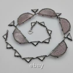 H&H Sterling Silver 925 Czech Frosted Lavender & Clear Glass Necklace Art Deco