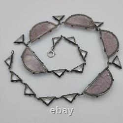 H&H Sterling Silver 925 Czech Frosted Lavender & Clear Glass Necklace Art Deco