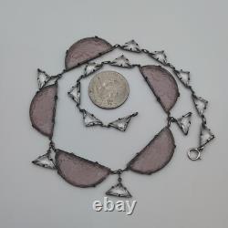 H&H Sterling Silver 925 Czech Frosted Lavender & Clear Glass Necklace Art Deco
