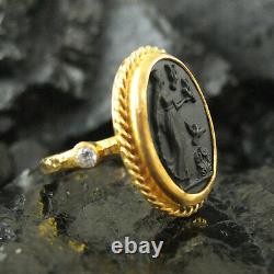 Hammered Handmade Intaglio Glass Ring 22K Gold over 925K Sterling Silver