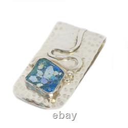 Hammered Sterling Silver Money Clip with Blue Roman Glass Surface Hanukkah Gift