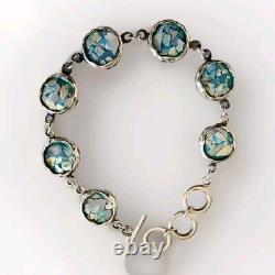 Hammered Sterling Silver Round Link Chain Roman Glass Compressed Toggle Bracelet