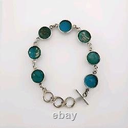 Hammered Sterling Silver Round Link Chain Roman Glass Compressed Toggle Bracelet