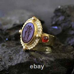 Hammerede Real Venetian Glass Intaglio Ring W Garnet Gold over Sterling Silver