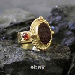 Hammerede Real Venetian Glass Intaglio Ring W Garnet Gold over Sterling Silver