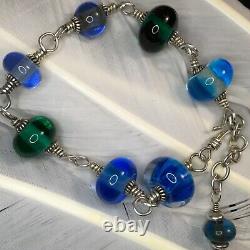 Hand Made Estate Sterling Silver Blue & Green Lampwork Glass Bead Bracelet 9-10