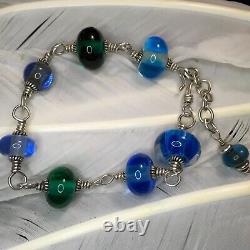 Hand Made Estate Sterling Silver Blue & Green Lampwork Glass Bead Bracelet 9-10
