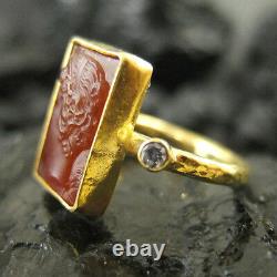 Handmade Hammered Intaglio Glass Ring With Topaz Gold over 925 Sterling Silver