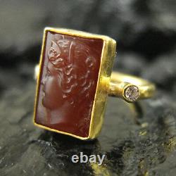 Handmade Hammered Intaglio Glass Ring With Topaz Gold over 925 Sterling Silver
