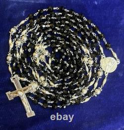 Handmade Sterling Silver and Faceted Black Glass Bead 15 or 20 Decade Rosary