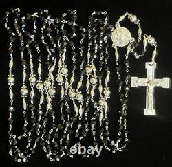 Handmade Sterling Silver and Faceted Black Glass Bead 15 or 20 Decade Rosary