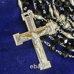 Handmade Sterling Silver and Faceted Black Glass Bead 15 or 20 Decade Rosary