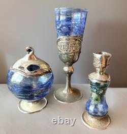 Handmade sterling silver & Blown glass Havdalah set spice box, cup, candleholder