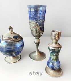 Handmade sterling silver & Blown glass Havdalah set spice box, cup, candleholder