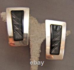 Harold Lujan Signed Sterling Silver Black Etched Glass pierced Earrings 1993