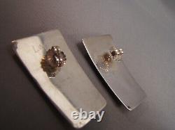 Harold Lujan Signed Sterling Silver Black Etched Glass pierced Earrings 1993