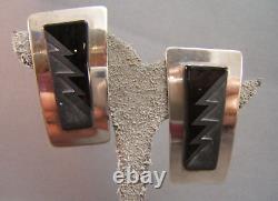 Harold Lujan Signed Sterling Silver Black Etched Glass pierced Earrings 1993