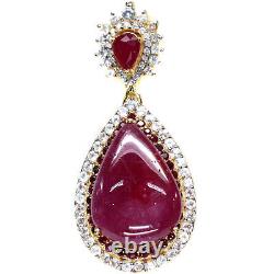 Heated 19 X 26 MM. Pear Cabochon With Round Red Ruby & Zircon Pendant 925 Silver
