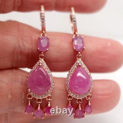 Heated 8 x 11 MM. Pink Ruby & White Cubic Zirconia Earrings 925 Sterling Silver