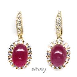 Heated 9 x 12 MM. Pinkish Red Ruby & Cubic Zirconia Earrings 925 Sterling Silver