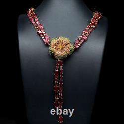 Heated Red Ruby, Orange-Yellow Sapphire & Tsavorite Garnet Necklace 925 Silver