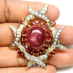 Heated Red Ruby & White Zircon Pendant/Brooch 925 Sterling Silver