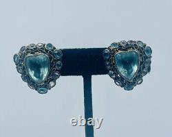 Hobe Vintage Sterling Silver Filigree Blue Glass Heart Clip Earrings
