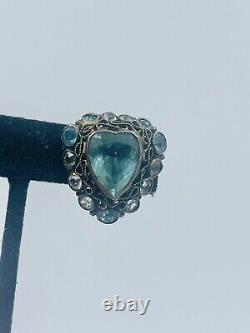 Hobe Vintage Sterling Silver Filigree Blue Glass Heart Clip Earrings