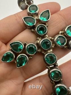 Huge 925 Sterling Silver Green Glass Cross Pendant