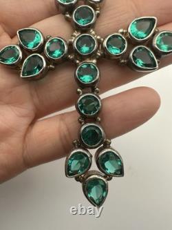 Huge 925 Sterling Silver Green Glass Cross Pendant