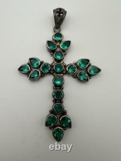 Huge 925 Sterling Silver Green Glass Cross Pendant
