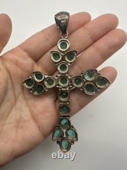 Huge 925 Sterling Silver Green Glass Cross Pendant